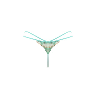 Green bikini bottom with lace details on a white background