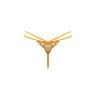 Gold thong with intricate design on a white background