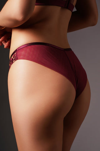 Close-up rear view of a model wearing burgundy sheer mesh panties with a black waistband and subtle lace detail on the left side, against a dark gray studio background.