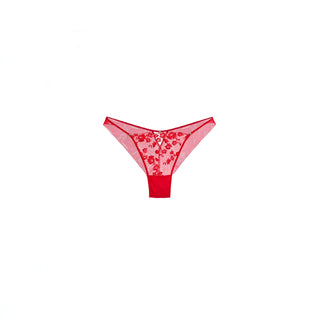 Red sheer lace thong with a floral pattern and solid red waistband, shown on a plain white background.