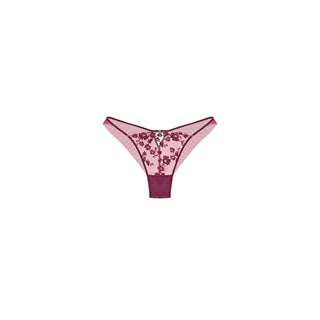 A pair of women's thong panties featuring a light pink floral lace panel with dark burgundy trim and a solid burgundy waistband, set against a plain white background.