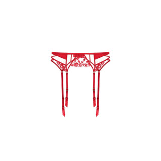 Shikkosa lipstick red lace lingerie garter belt with matching red suspenders, shown against a plain white background.