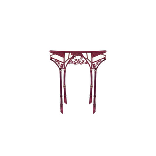 Shikkosa plum AW26 color of the year lace lingerie garter belt with matching plum suspenders, shown against a plain white background.