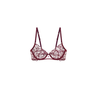 A burgundy lace underwire bra with adjustable shoulder straps, shown flat against a solid white background.