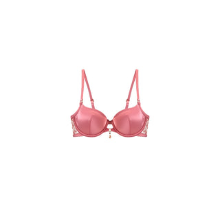 A pink satin bralette with thin adjustable shoulder straps, a center front zipper, and delicate lace trim on the underwire cups, shown against a plain white background.
