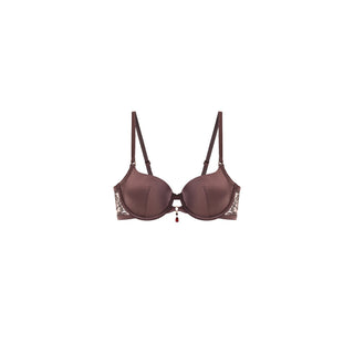 A dark brown wireless bra with underwire cups and sheer lace side panels, shown against a plain white background.