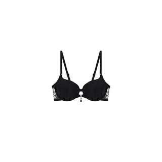 A black underwire bra with decorative lace trim on the cups and a small hanging charm at the center front, shown against a plain white background.