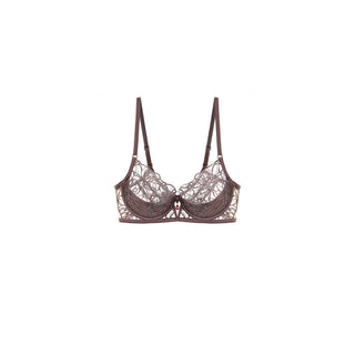 A brown lace underwire bra with adjustable shoulder straps, displayed against a solid white background.