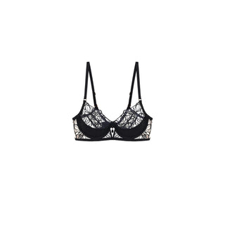 Black lace underwire bra with adjustable shoulder straps, shown flat against a solid white background.