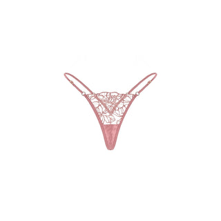 A dusty pink lace thong with thin adjustable straps and a sheer floral lace overlay, shown against a plain white background.