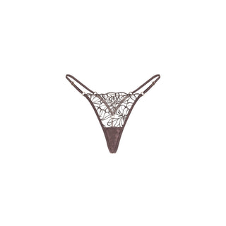 Brown lace thong with a solid brown fabric pouch and matching straps, shown against a plain white background.