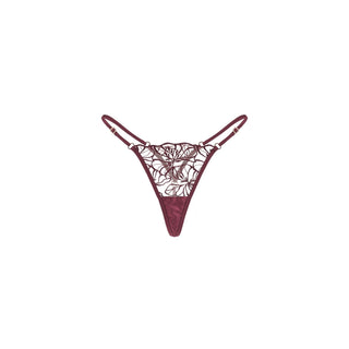 A pair of burgundy lace thong panties with thin adjustable straps, shown flat against a solid white background.