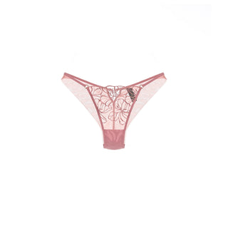 A pair of light pink sheer mesh thong panties with a floral lace overlay and a central hook-and-loop closure, displayed flat against a solid white background.
