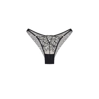 Black lace thong panties with a sheer floral lace pattern on a white background, shown flat against a solid white backdrop.