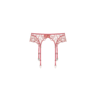 A pink lace garter belt with attached three-length straps and clear crystal tips, shown against a plain white background.