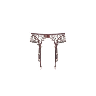 A brown lace garter belt with attached suspenders and gold-tone metal hardware, shown against a plain white background.