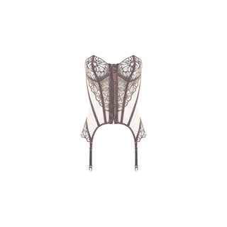 A structured white and brown lace corset with matching garter straps, shown flat against a solid white background.