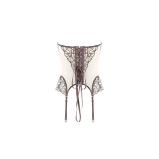 A structured white corset-style garter belt with intricate brown lace appliques and a lace-up front, displayed against a solid white background.