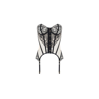 A black and white lace corset garter belt with a structured white mesh front, intricate black floral lace overlays, a central lace-up closure, and three attached black garter straps with gold-toned rings, shown against a plain white background.