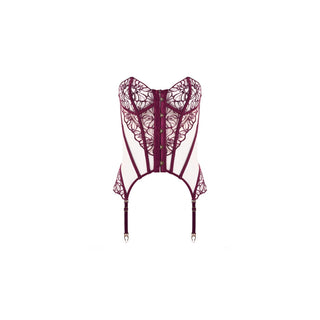 A white and deep burgundy lace corset garter belt with a central zipper and hanging straps, shown against a plain white background.