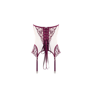 A white and deep burgundy lace corset with matching garter straps, shown from the back on a solid white background.