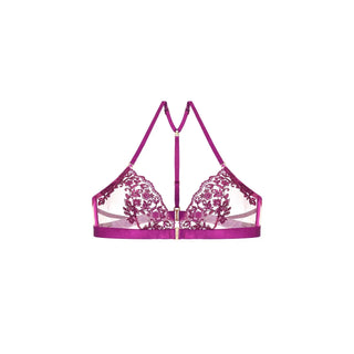 A magenta purple lace and mesh bralette with a high U-neckline and thin adjustable shoulder straps, shown against a plain white background.