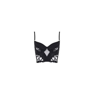 Black Lingerie Bustier suspended without model on a white background
