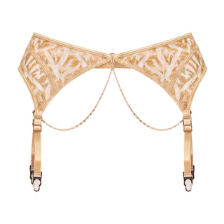 Beige lace garter belt with suspenders on a white background