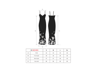 Long Dress drawing with size chart