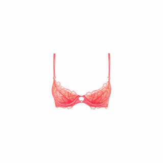 Coral lace bra on a white background