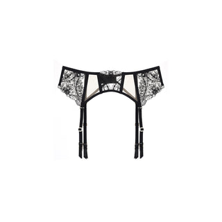 Black lace garter belt with sheer mesh panels and three hanging straps with silver-tone buckles, shown flat against a white background.