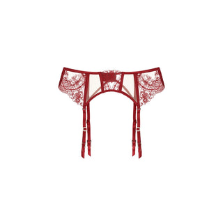 Red lace garter belt with attached suspender straps and a central bow, shown flat against a plain white background.